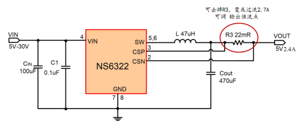 NS6322固定5V输出车充IC，2.4A可调输出电流