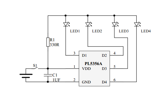 单节锂电池电量IC，4个指示灯电量指示IC-PL5356A