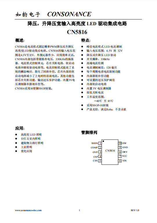 CN5816：寬壓PWM LED驅動IC，固定頻率，高效能，多保護機製