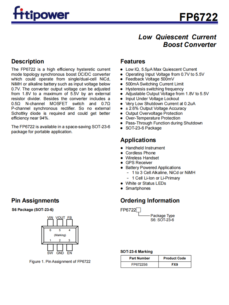 FP6722S6 SOT-23-6 低静止电流升压转换器