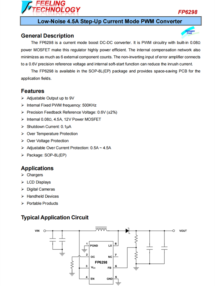 FP6298 低噪声4.5A升压电流模式PWM转换器IC