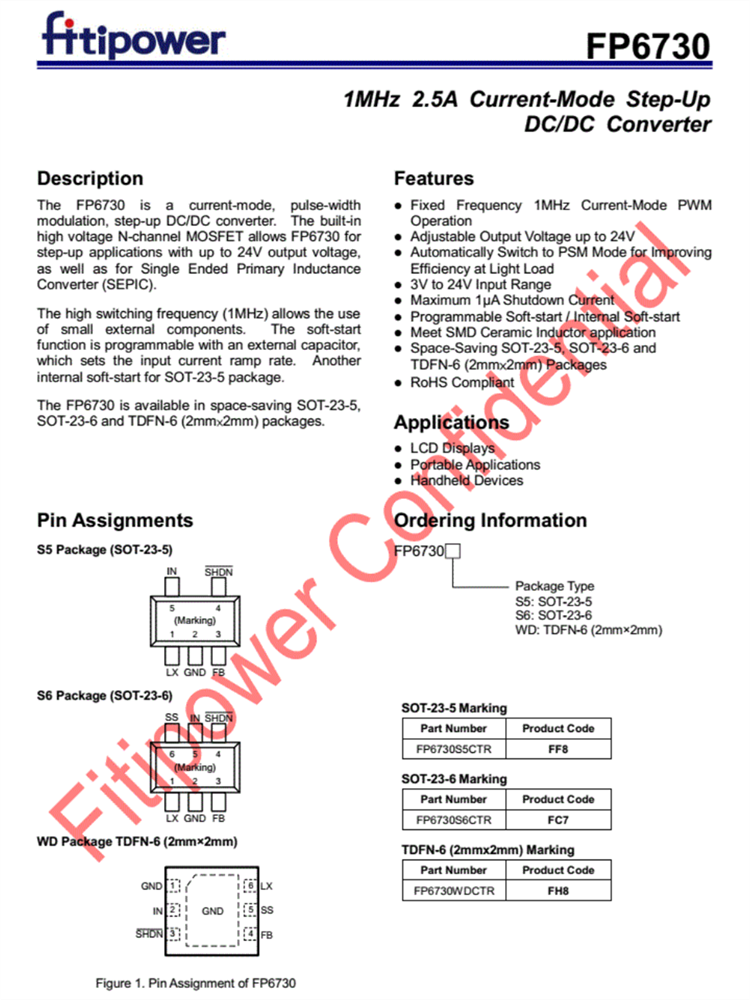 FP6730 1MHz 2.5A电流模式升压DC/DC转换器芯片 SOT23-5/6 TDFN-6