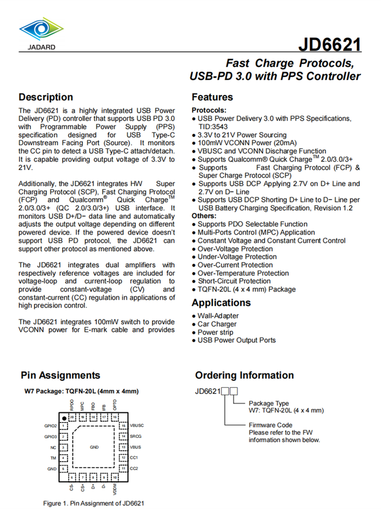 JD6621 快速充电协议IC USB-PD 3.0与PPS控制器 百盛电子代理商