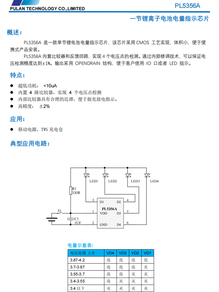 PL5356A 是一款单节锂电池电量指示芯片