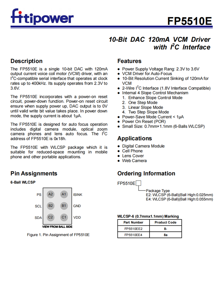 FP5510E 10位DAC 120mA VCM驱动程序与I²C接口