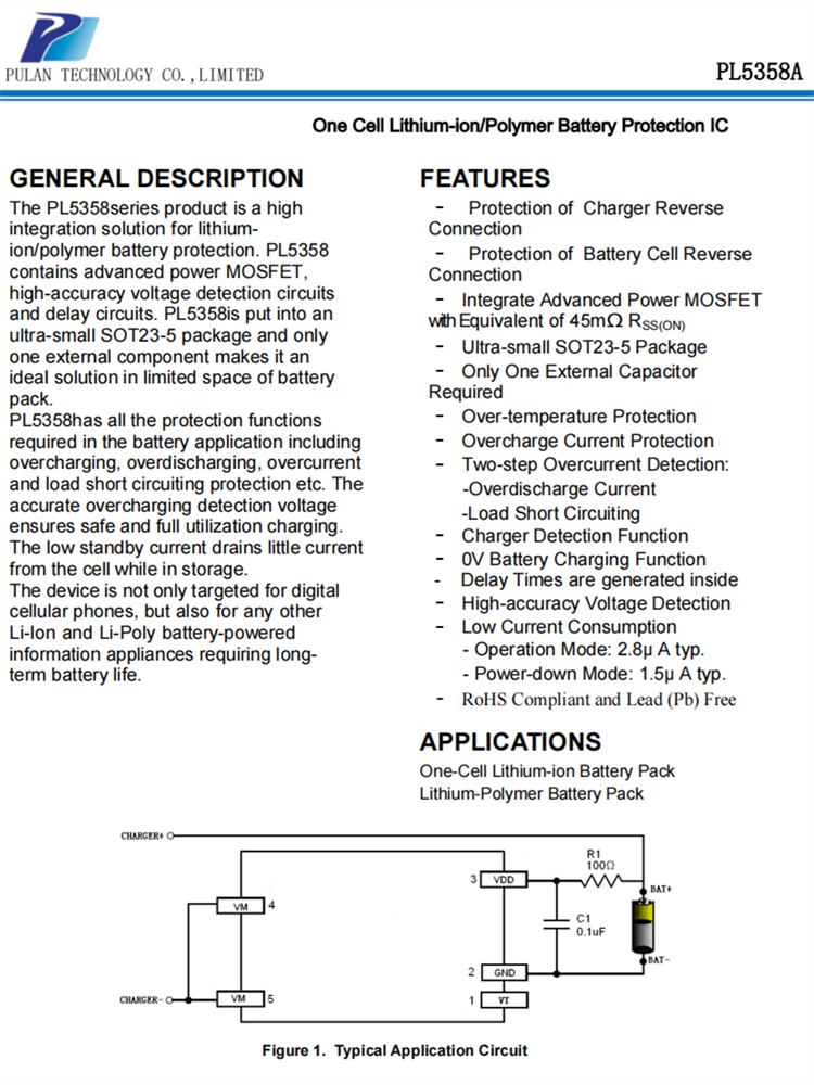 PL5358A 单电池锂离子/聚合物电池保护集成电路芯片