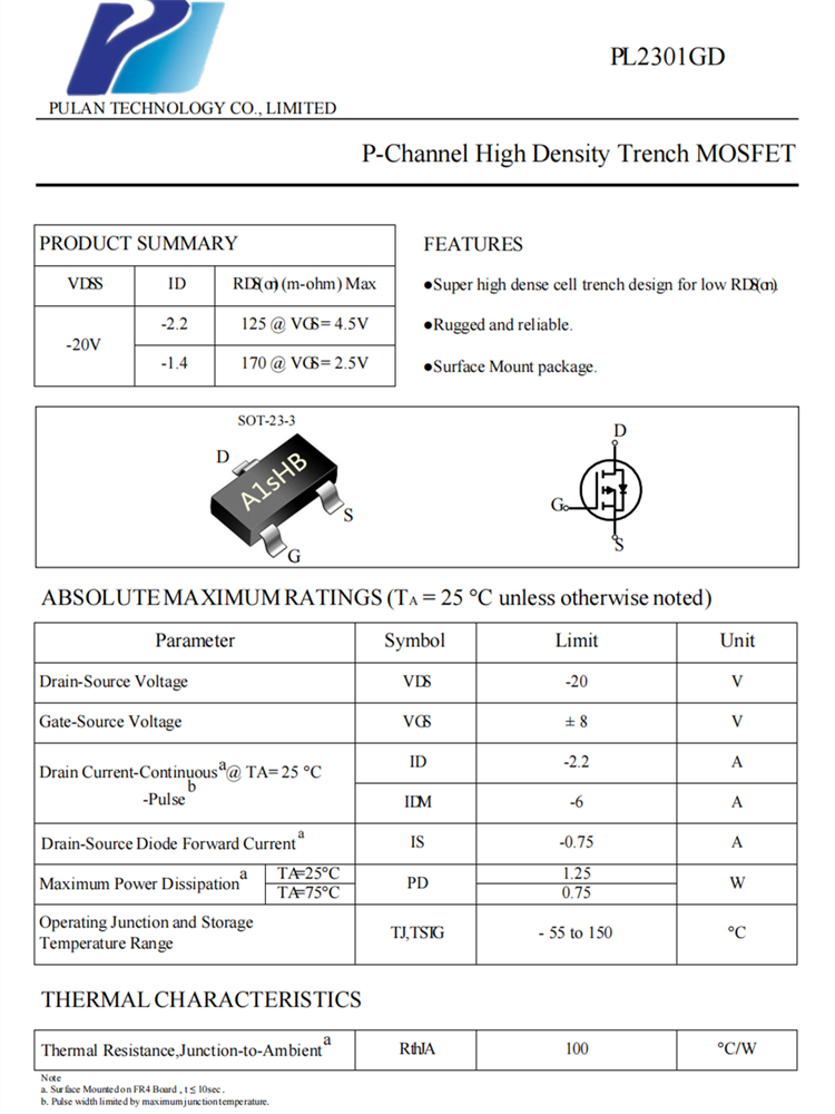 PL2301 SOT23-3 P通道MOSFET场效应管