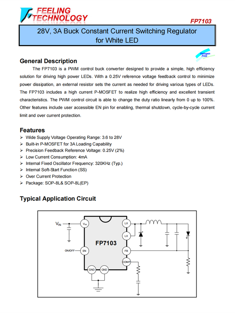 FP7103 28V，3A降压，白色LED的恒流开关调节器芯片