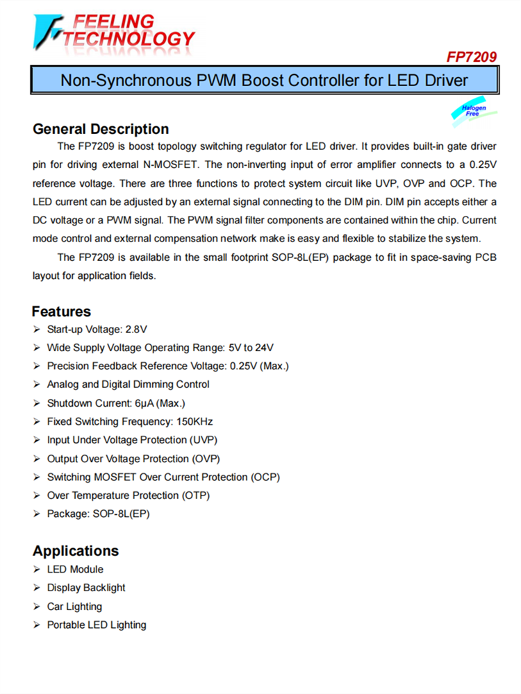 FP7209 针对LED驱动程序的非同步PWM启动控制器芯片