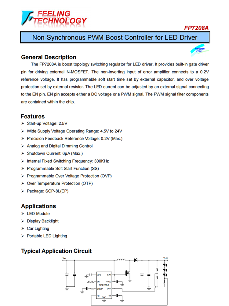 FP7208A 针对LED驱动程序的非同步PWM启动控制器芯片