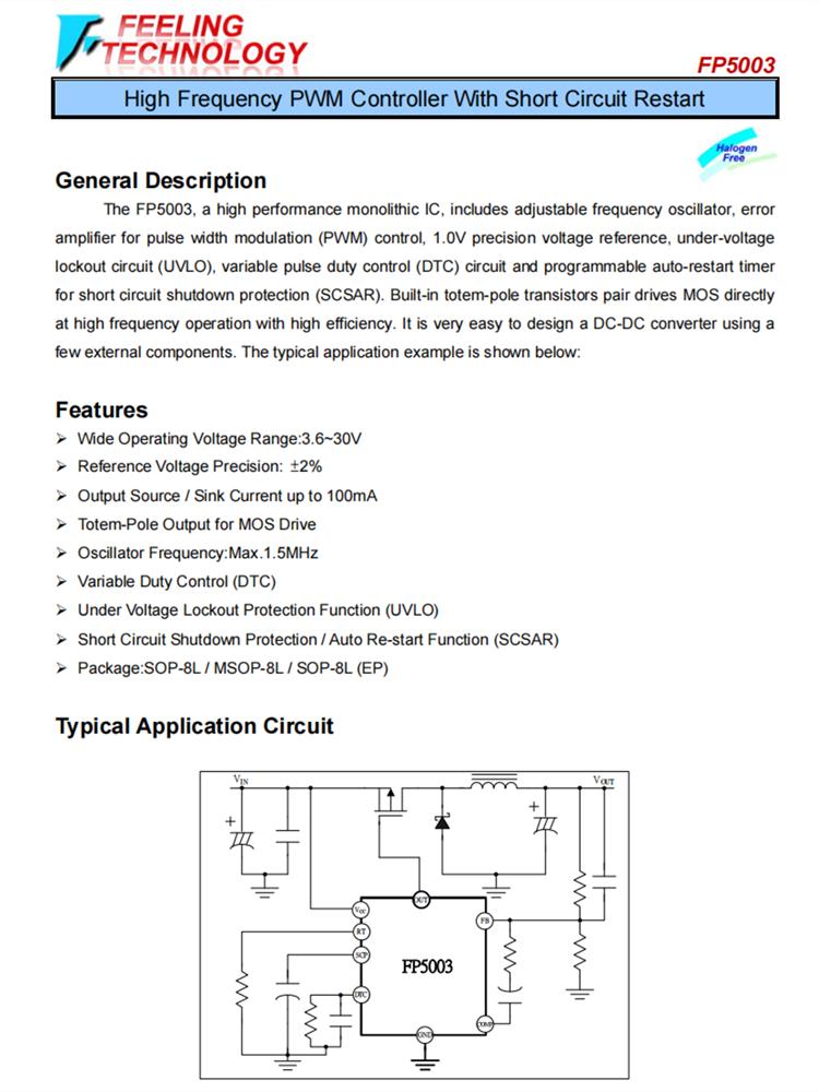 FP5003 高频PWM控制器与短路重新启动电路