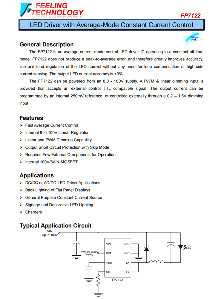 FP7122 具有平均模式恒定电流控制的LED驱动器芯片