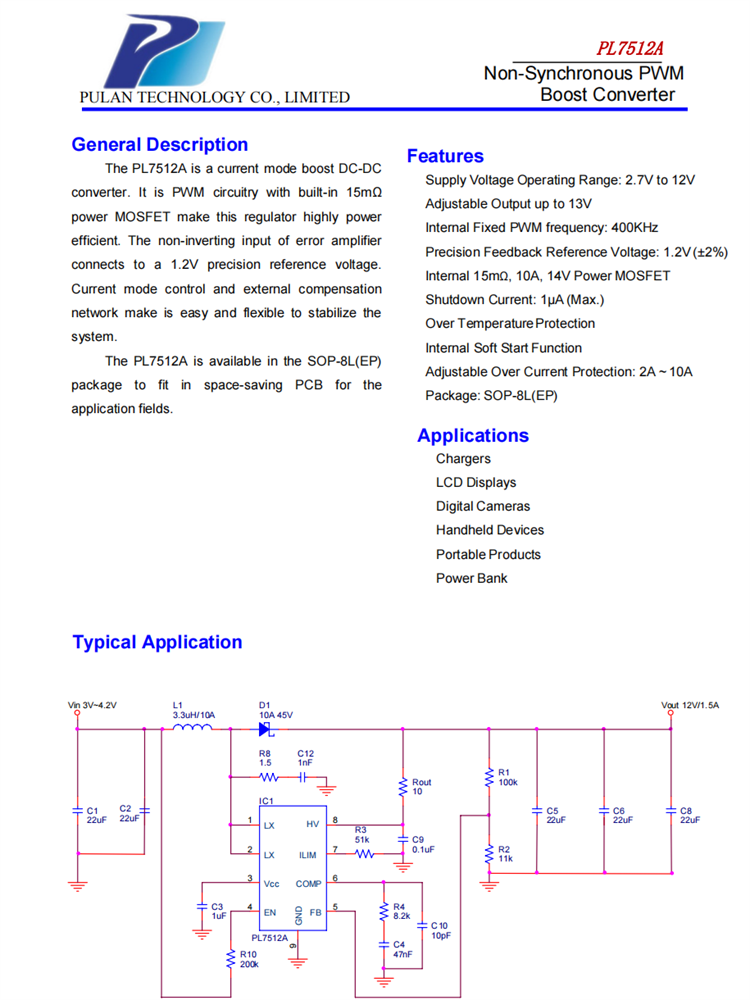 PL7512A 非同步的PWM提升转换器
