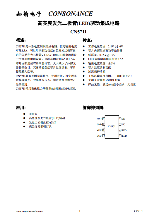 CN5711：集成化高性能LED電流調製電路，支持1.5A恆定輸齣與廣泛電流調節