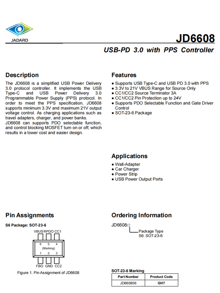 JD6608 协议控制IC USB-PD 3.0与PPS控制器 