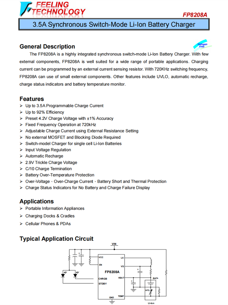 FP8208A 3.5A同步开关模式的锂离子电池充电器芯片