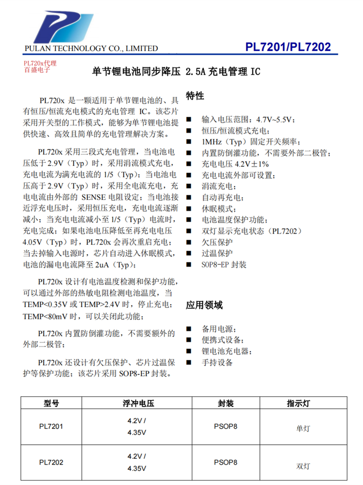 PL7201/PL7202 单节锂电池同步降压2.5A充电管理 IC