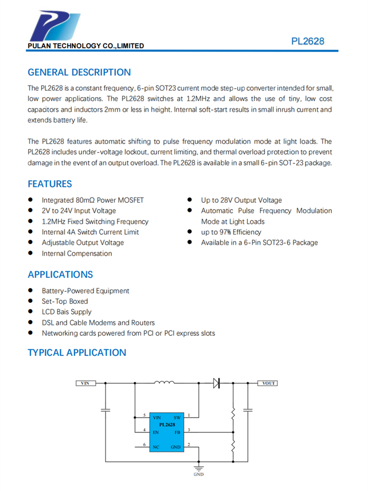 PL2628 恒定频率、6引脚SOT23电流模式升压转换器芯片