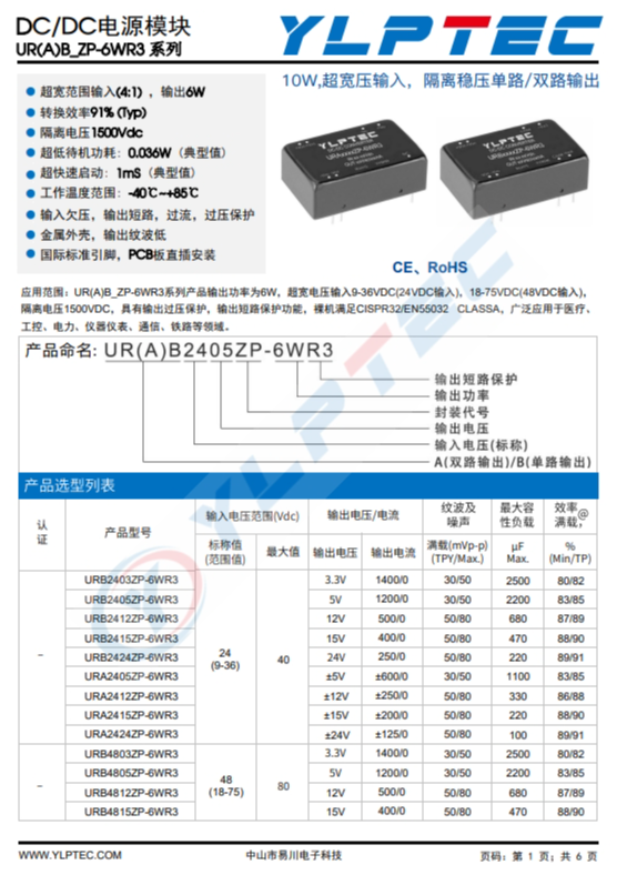 URA2412ZP-6WR3  10W,超寬壓輸入，隔離穩壓單路/雙路輸齣