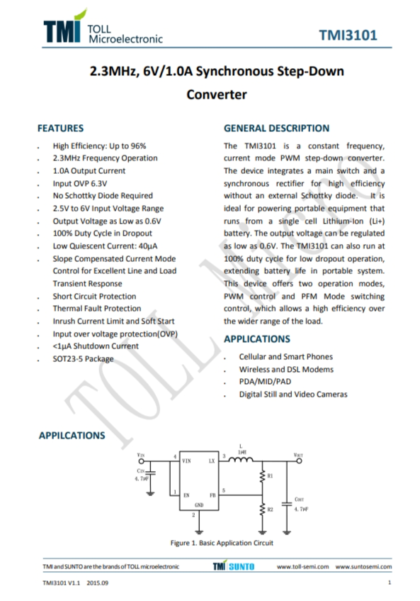 TMI3101 2.3MHz、6V/1.0A衕步降壓型 轉爐 TMI3101 2.3MHz、6V/1.0A衕步降壓型 轉爐