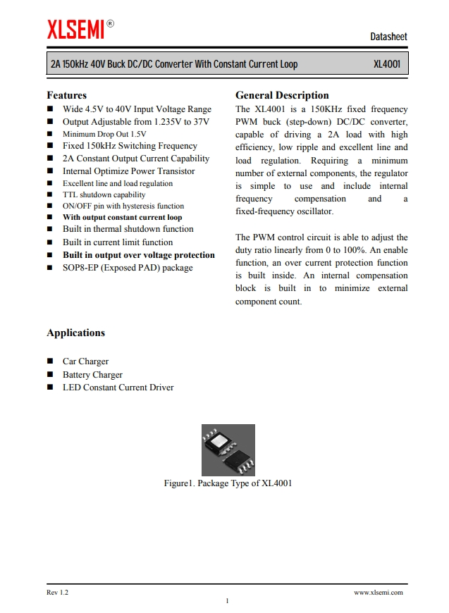 XL4001E1  2A 150kHz 40V 降压DC/DC转换器，带恒流环路