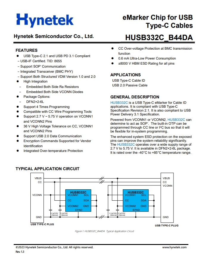 HUSB332C_B44DA  用於USB的eMarker芯片 Type-C數據線