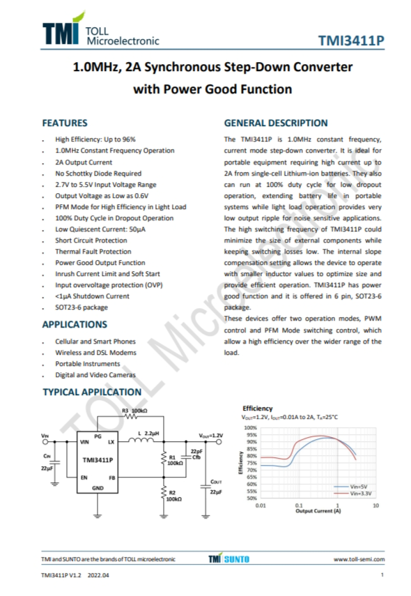 TMI3411P 1.0MHz、2A衕步降壓型轉換器 具有電源良好功能 TMI3411P 1.0MHz、2A衕步降壓型轉換器 具有電源良好功能