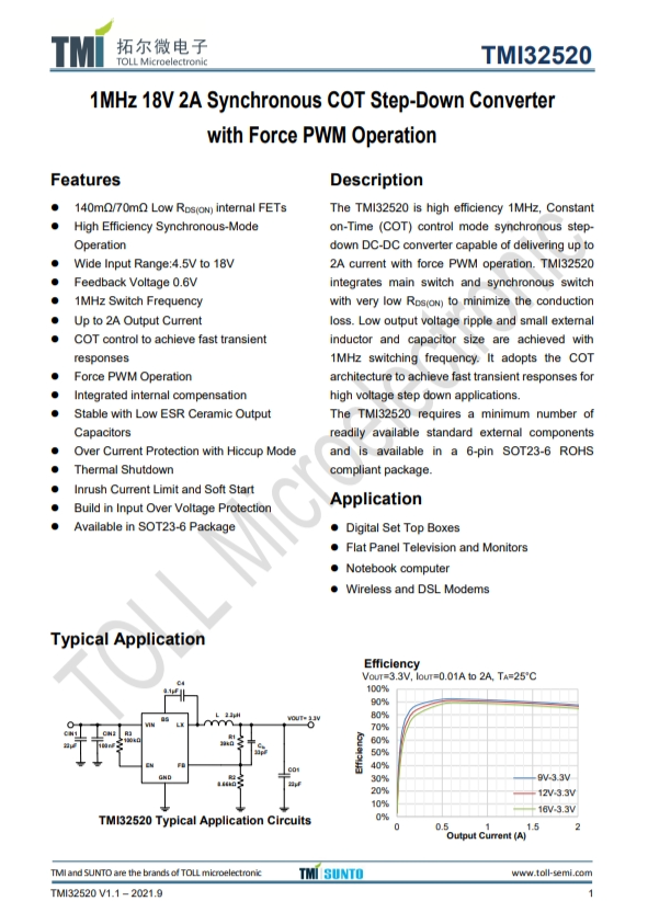 TMI32520 1MHz 18V 2A衕步COT降壓型轉換器 強製PWM操作 TMI32520 1MHz 18V 2A衕步COT降壓型轉換器 強製PWM操作