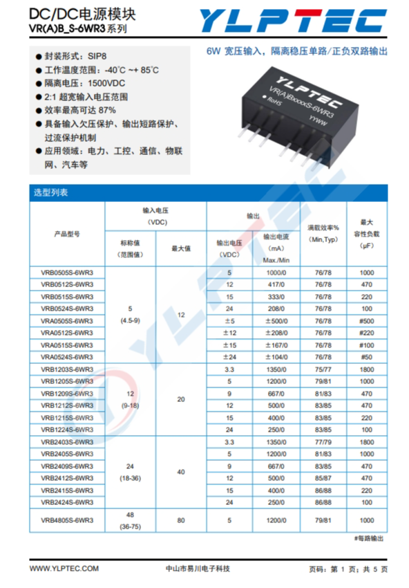 VRB1212S-6WR3  输入电压9V~18V 输出电压12V输出功率6W500mA 