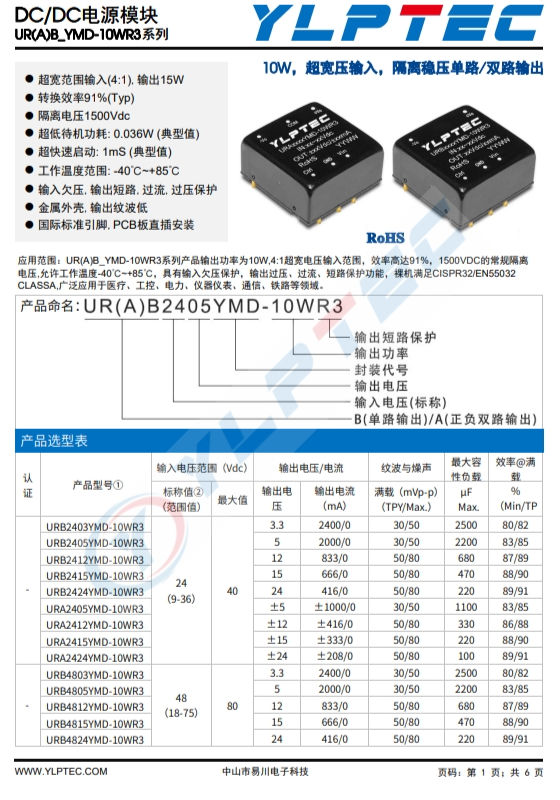 URB2412YMD-10WR3  10W，超寬壓輸入，隔離穩壓單路/雙路輸齣