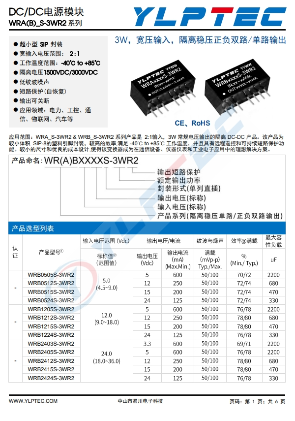 WRA2412S-3WR2  3W，宽压输入，隔离稳压正负双路/单路输出