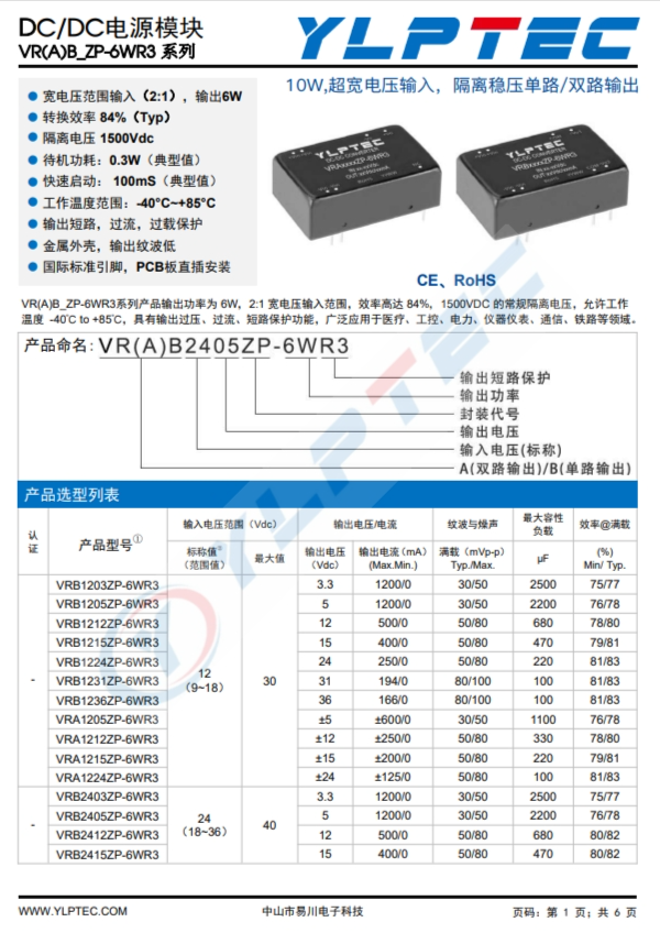 VRB2405ZP-6WR3  10W,超寬電壓輸入，隔離穩壓單路/雙路輸齣