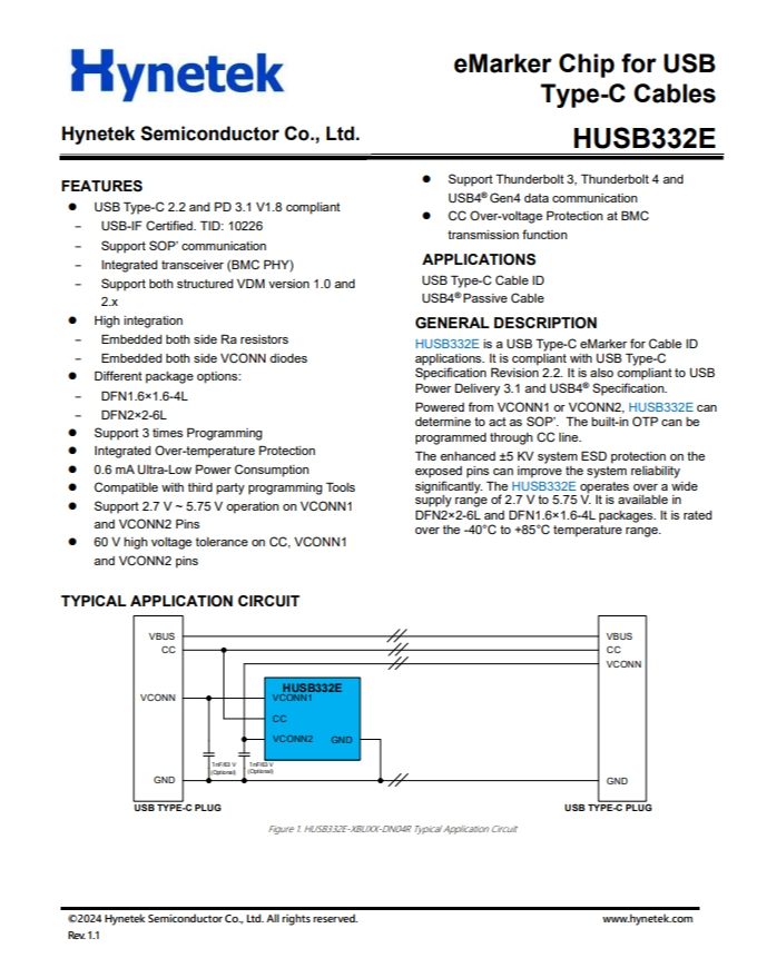 HUSB332E  用于USB的eMarker芯片 Type-C数据线