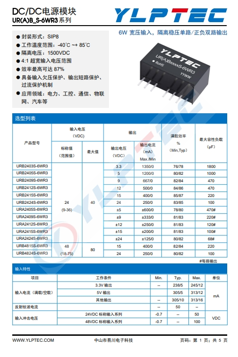 URB2415S-6WR3  : 宽压输入，隔离稳压单路/正负双路输出