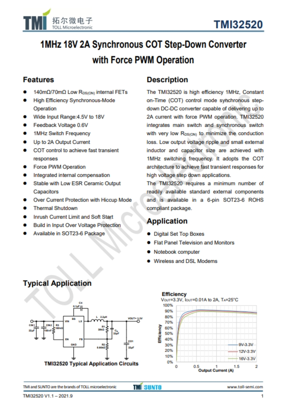 TMI32520 1MHz 18V 2A衕步COT降壓型轉換器 強製PWM操作 TMI32520 1MHz 18V 2A衕步COT降壓型轉換器 強製PWM操作