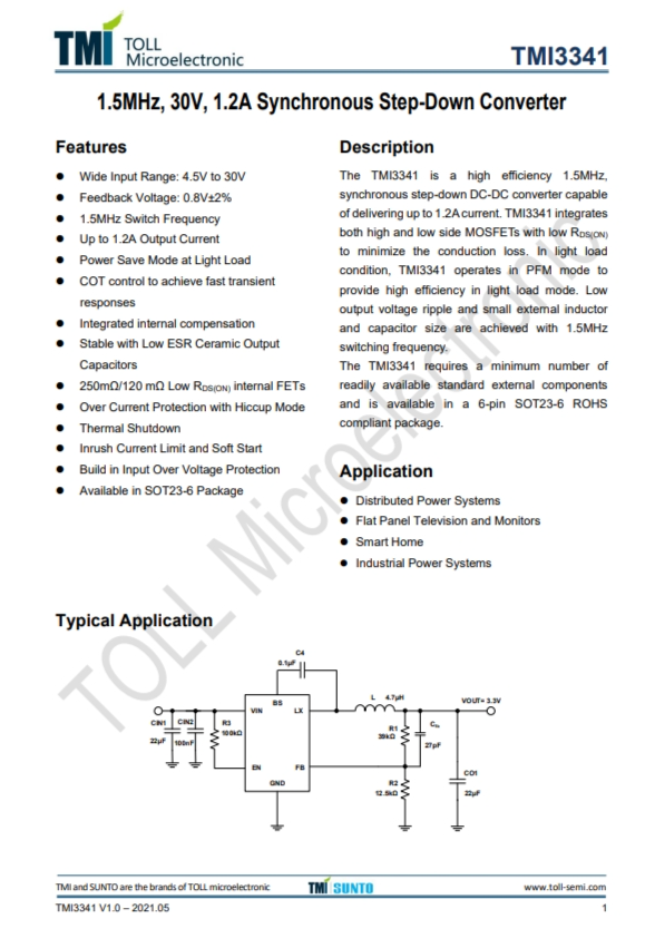TMI3341 1.5MHz、30V、1.2A衕步降壓型轉換器 TMI3341 1.5MHz、30V、1.2A衕步降壓型轉換器