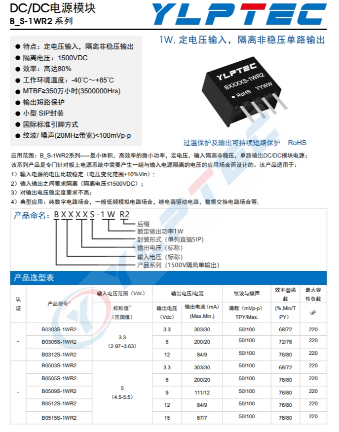 B0505S-1WR2  DC/DC电源模块 B_S-1WR2 系列