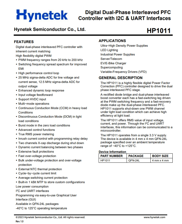 HP1011 數字雙相交錯式PFC 帶I2C和UART接口的控製器 HP1011 數字雙相交錯式PFC 帶I2C和UART接口的控製器