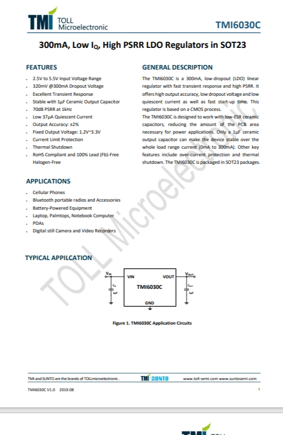 TMI6030C-12   300mA、低IQ、高PSRR LDO稳压器，SOT23封装