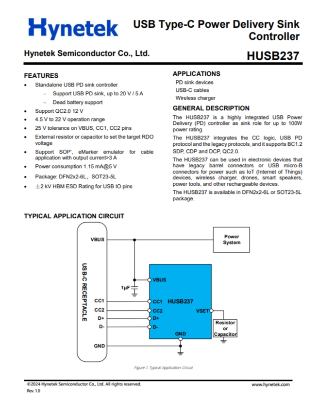 HUSB237  USB Type-C 供电接收器 控制器