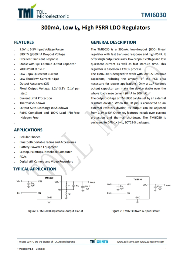 TMI6030-12    300mA, Low IQ, High PSRR LDO Regulators