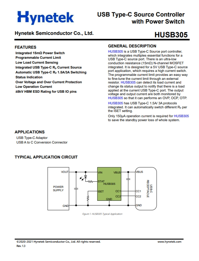 HUSB305  USB Type-C 源控制器 带电源开关