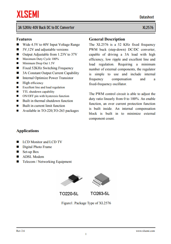 XL2576T-ADJE1 3A 52KHz 40V 降壓 DC-DC 轉換器 XL2576T-ADJE1 3A 52KHz 40V 降壓 DC-DC 轉換器
