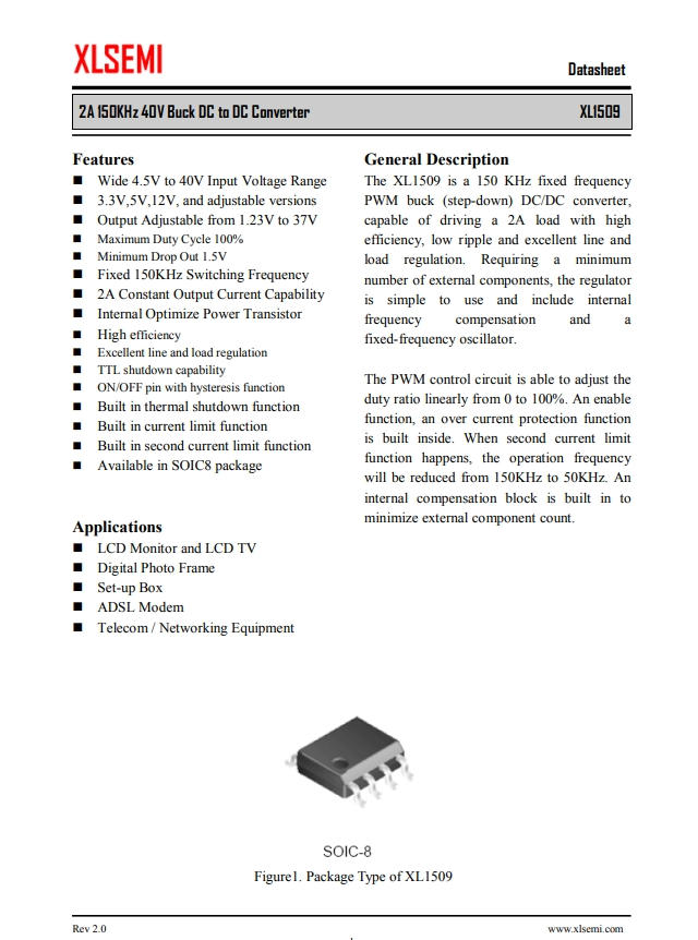 XL1509-5.0E1 2A 150KHz 40V 降压 DC-DC 转换器