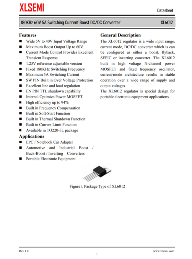 XL6012E1  180KHz 60V 5A开关电流升压DC/DC转换器