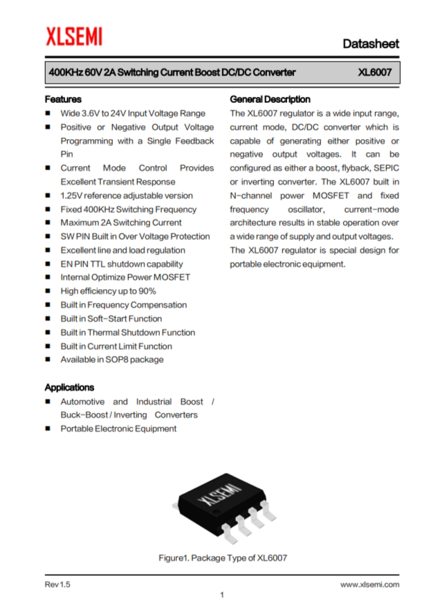 XL6007E1  400KHz 60V 2A開關電流陞壓DC/DC轉換器