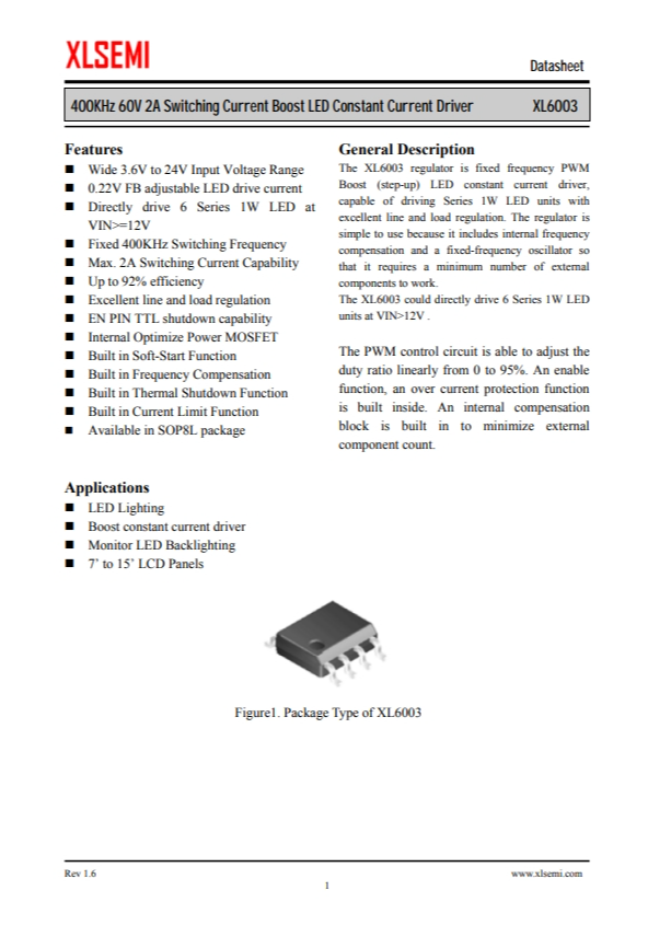 XL6003E1 400KHz 60V 2A 開關電流陞壓 LED 恆流驅動器