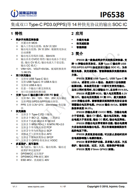 IP653  集成雙口Type-C PD3.0(PPS)等14種快充協議的輸齣SOC IC