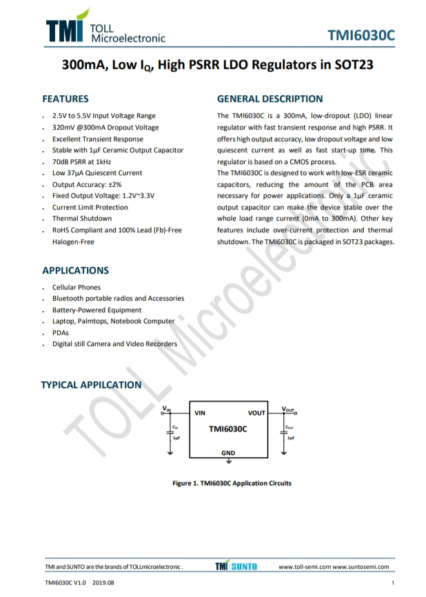 TMI6030C-18  300mA、低IQ、高PSRR LDO稳压器，SOT23封装