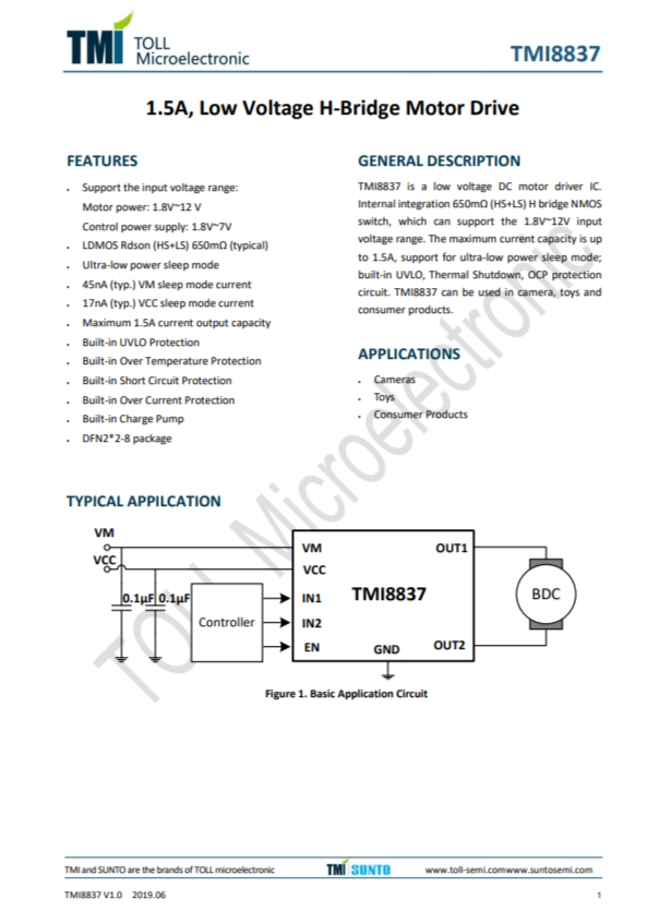 TMI8837  1.5A、低壓H橋電機驅動